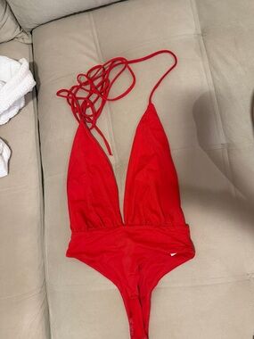 Red Plunge Halter Bodysuit